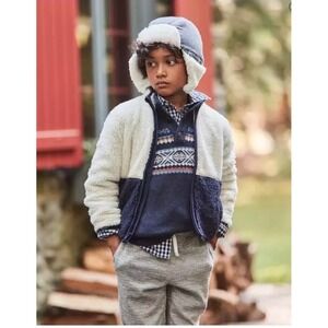 Janie and Jack Kids Sherpa Fleece Jacket Cream Navy Blue Zip Up Size   5-6